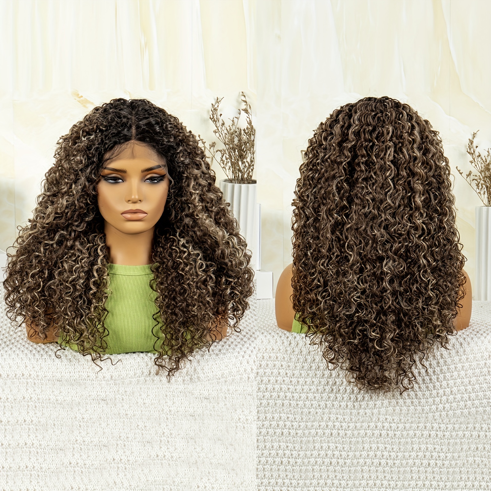 Fluorescent Yellow Long Curly Wavy Synthetic Lace Wig - Temu