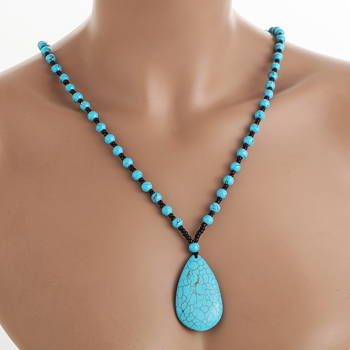 Boho Turquoise Teardrop Pendant Necklace with Beads & Cracked Stone