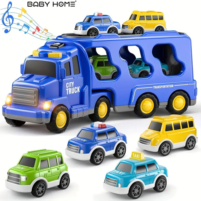TEMI Juguetes de camión para niños pequeños para niños de 3 4 5 6 7 años -  Carros de transporte de camiones 5 en 1 para niños, vehículos de fricción p