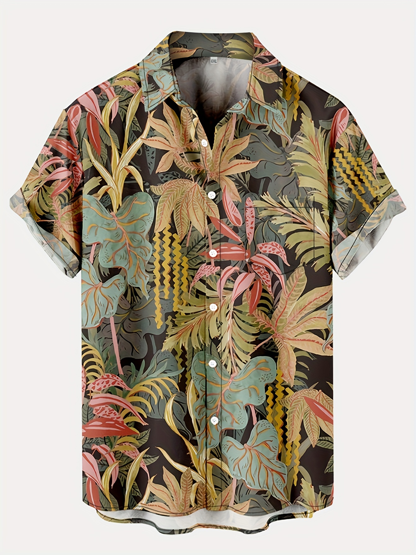 Plus Size Lapel Mens Tropical Plant Pattern Print Hawaiian Shirt Button Down Shirts, Top Blouse Shirts, Short Sleeve, Button Down Shirts,Temu