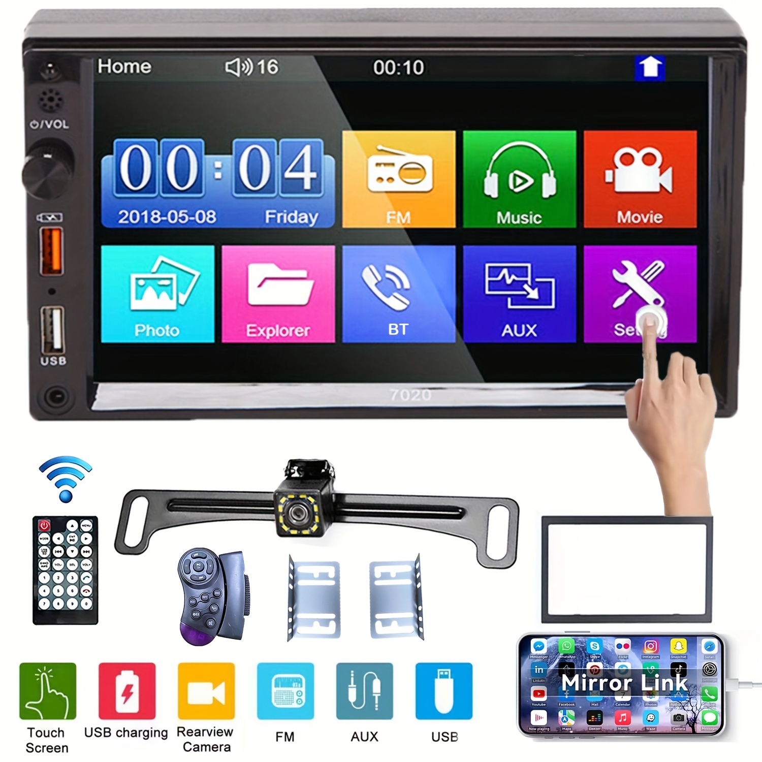 7 Double Din Car Stereo With Rear View Backup Camera, Touch Screen MP5  Player, Quick Charge, FM Radio, BT, Aux, Mirror Link, Steering Wheel Remote