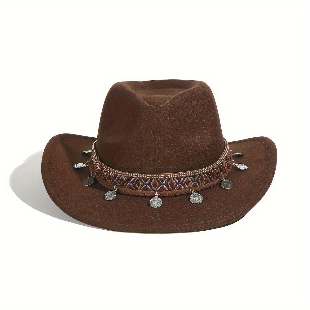 Boho Coin Strap Cowboy Hat Solid Color Western Fedoras Cap Unisex Felt Hat  For Women Men Autumn & Winter