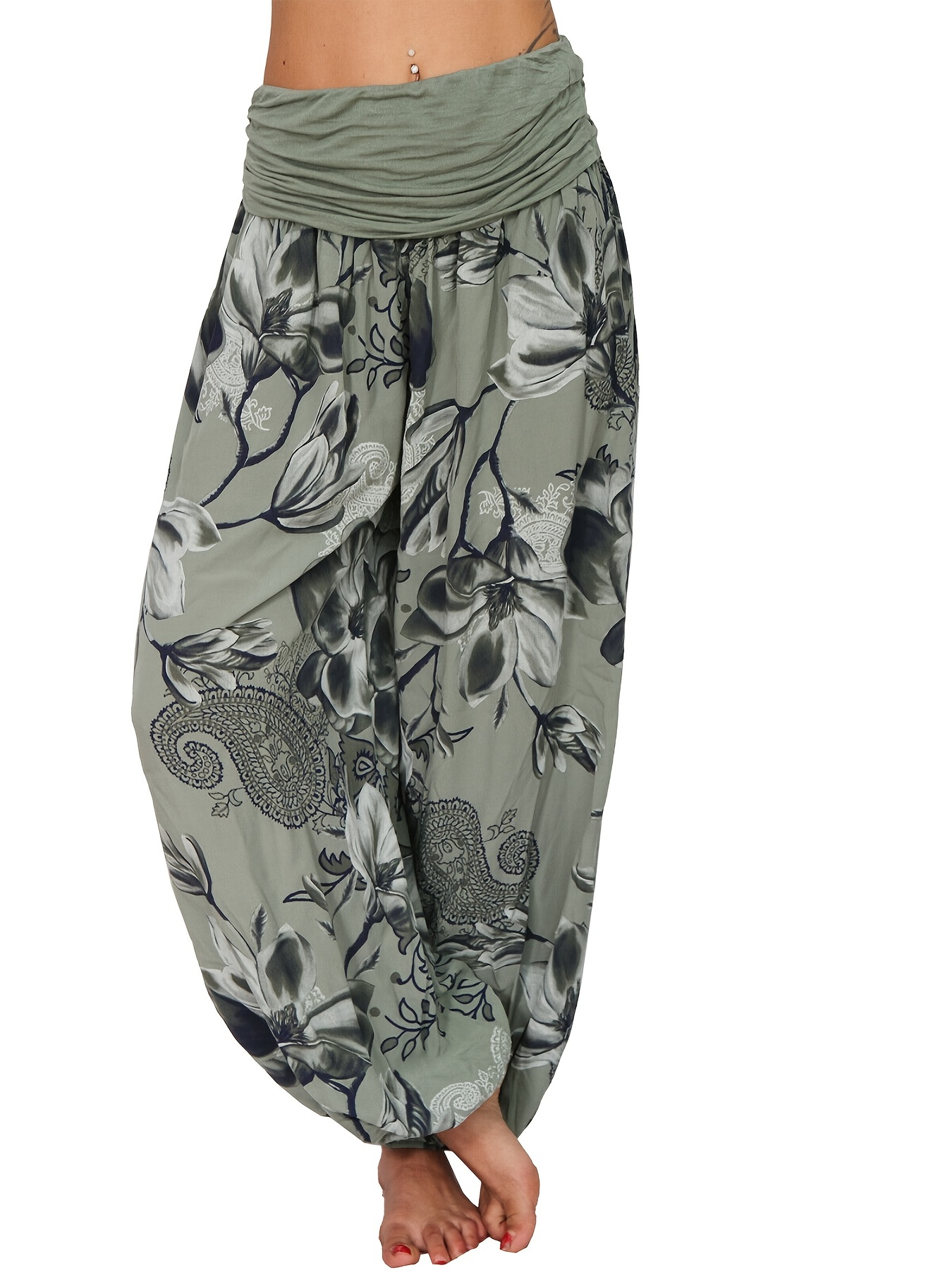 Women's Pants High Waist, Sarouel Ample Floral Pattern, Elastic