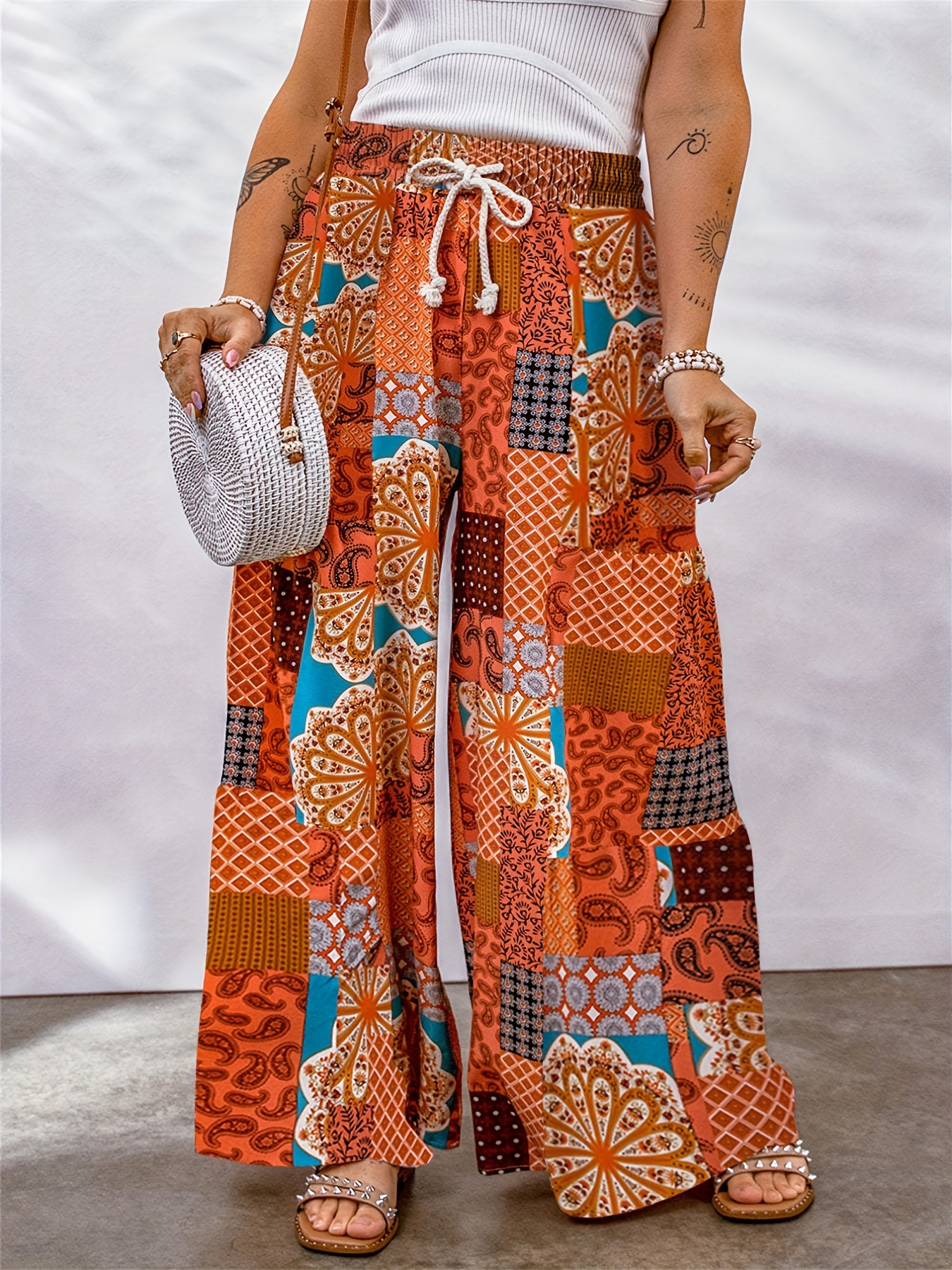 Colorful Flower Power Pants Vintage Hippy Print Casual Wide Leg Pants Women  Oversized Streetwear Pattern Straight