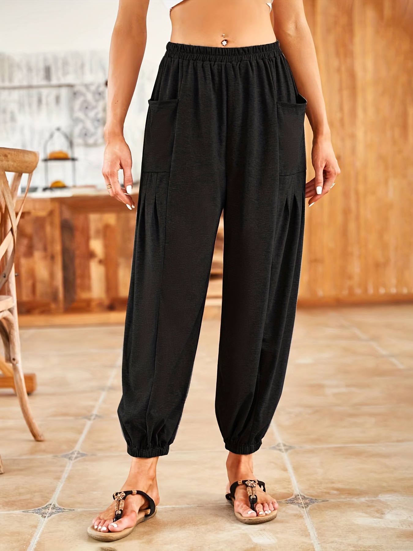 Solid Drawstring Tie Flare Leg Pants Casual Ruched Stretchy - Temu Canada