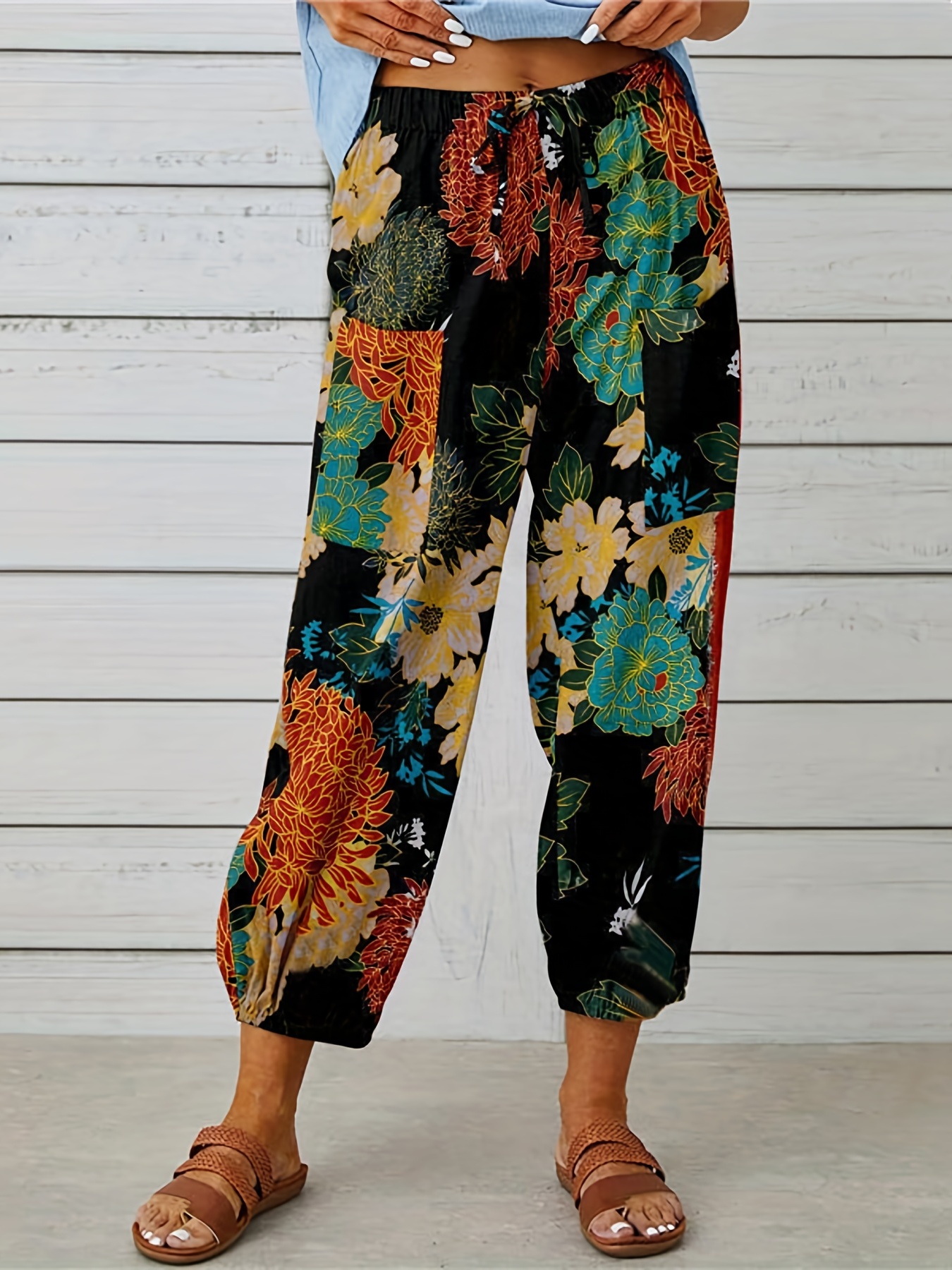 Plus Size Casual Pants Women's Plus Floral Print Straight - Temu