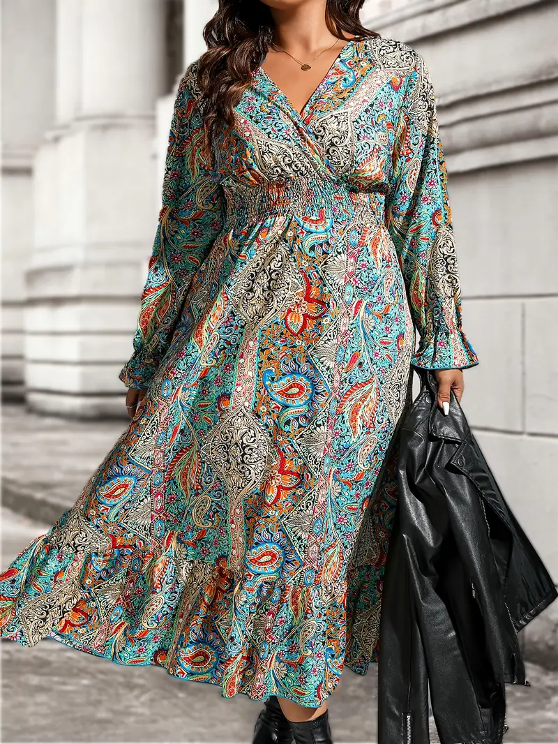 Plus Size Boho Dress, Women's Plus Paisley Print Flounce Sleeve Surplice  Neck Ruffle Trim Maxi Dress