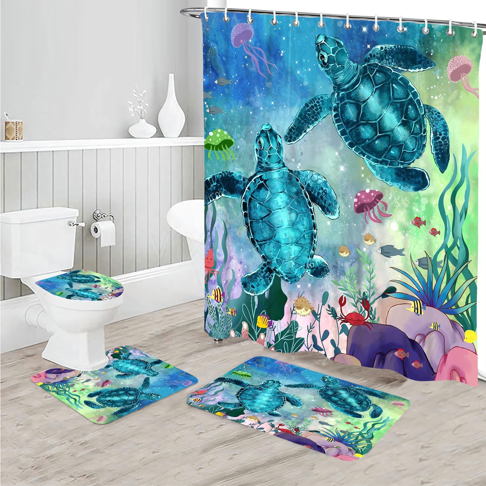 Sea Turtle Bathroom Sets Rugs Shower Curtain Ocean Creature - Temu