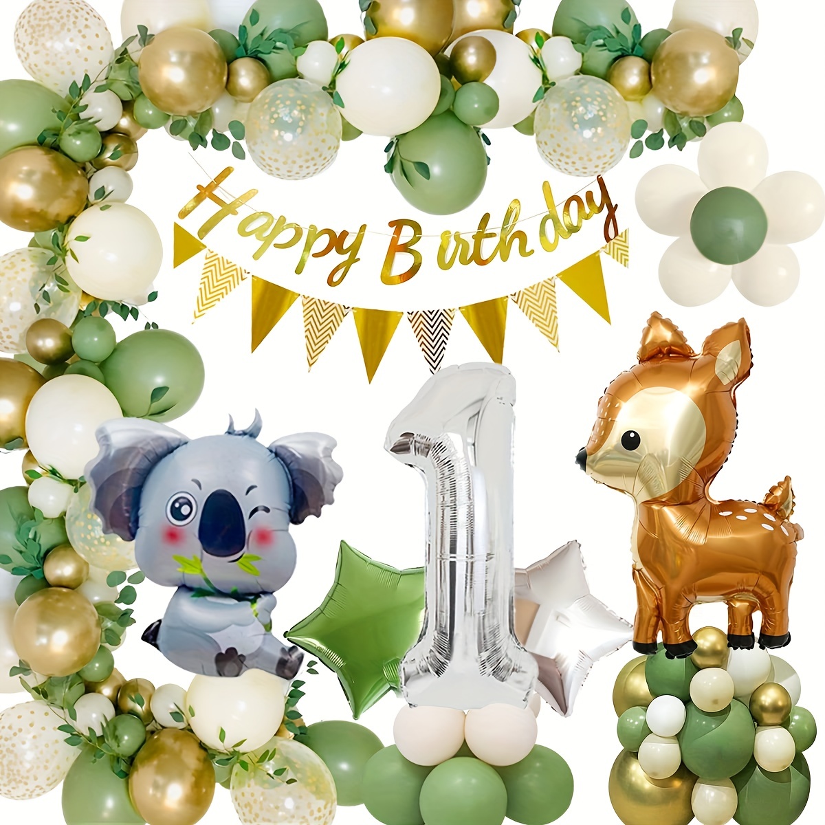 Set de Globos de Animales de la Selva para Primera Fiesta de Cumpleaños -  Decoraciones de Cumpleaños para Niños - Globos Verdes con Animales - Perfect