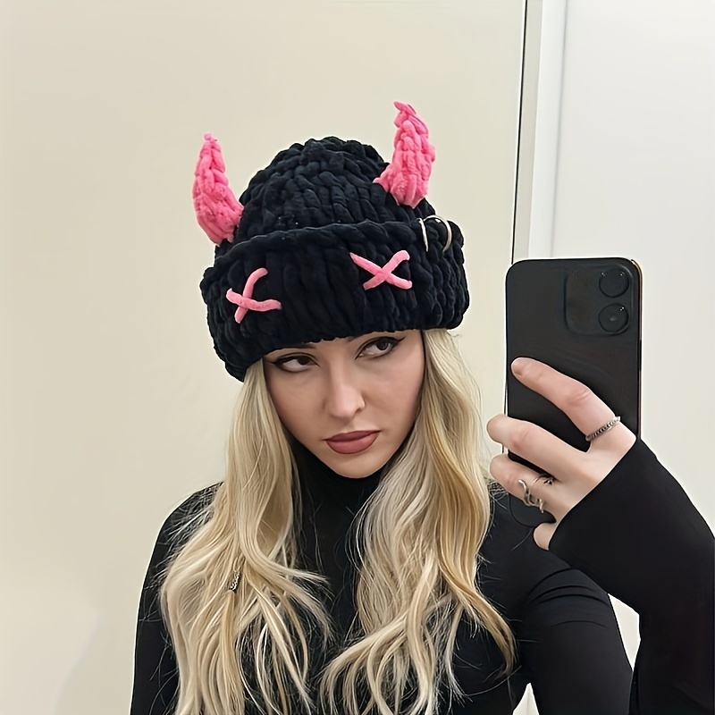 Cute Devil Horns Anime Beanie Trendy Black Knit Hats Thick Warm Skull Cap  Cuffed Beanies For Women Girls