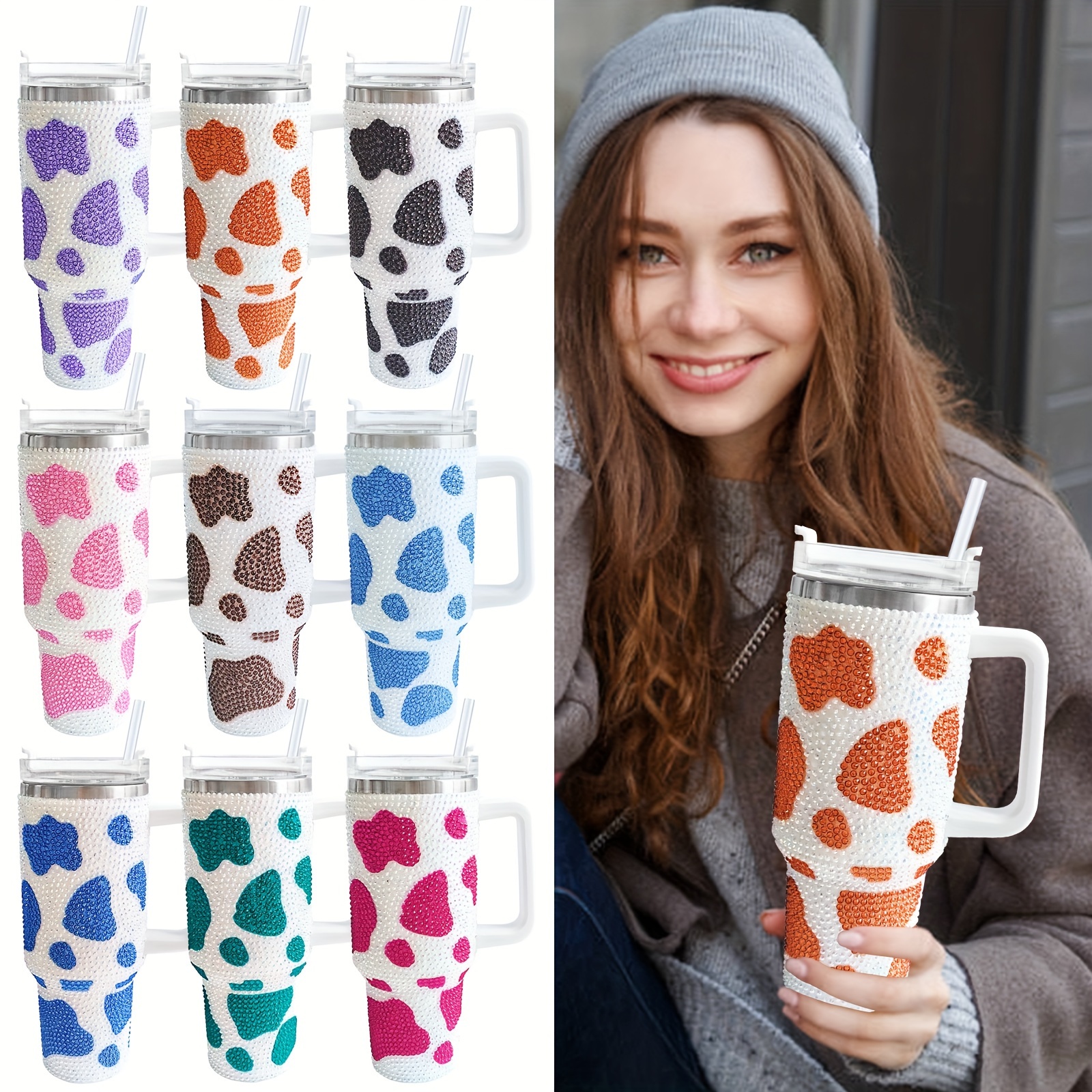 Cow Print Insulated Tumbler With Handle And Straw - Temu