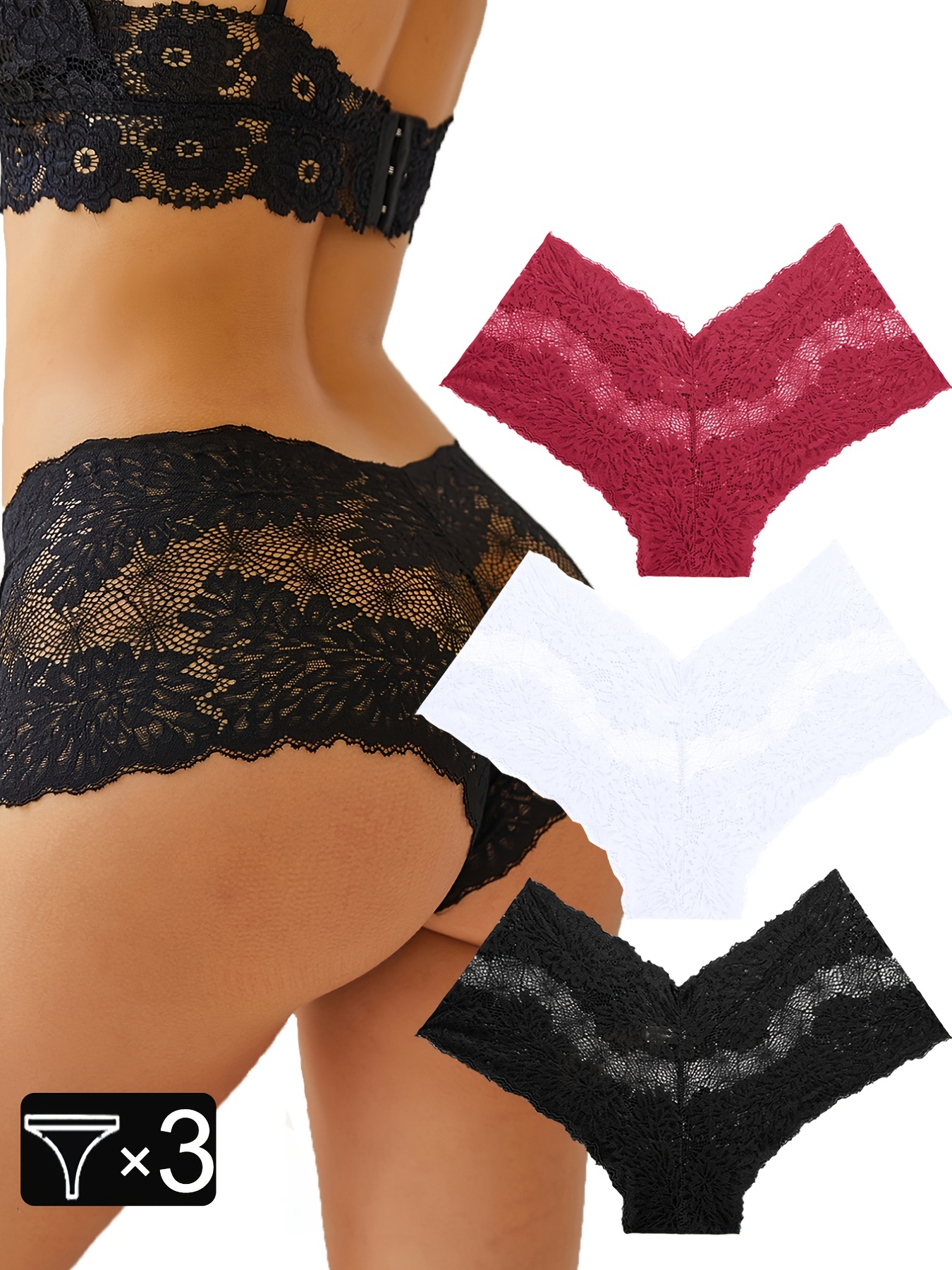 3pcs Floral Lace Boyshort Panties, Sexy Semi-sheer Intimates Panties,  Women's Lingerie & Underwear