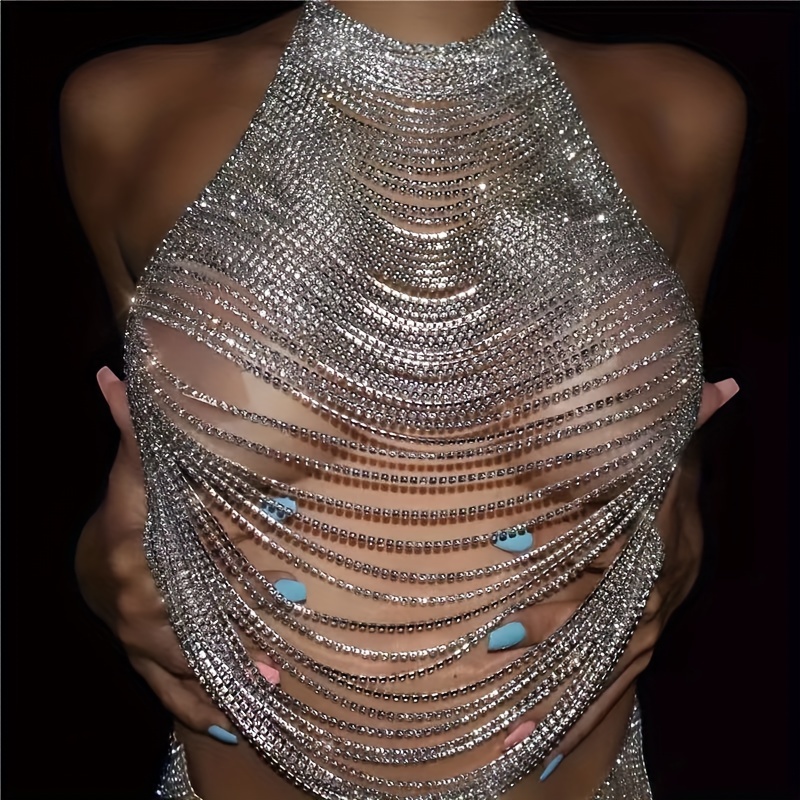 1pc Ladies' Sexy Tassel Bralette With Body Chain & Shiny Rhinestone Decor  For Nightclub Party