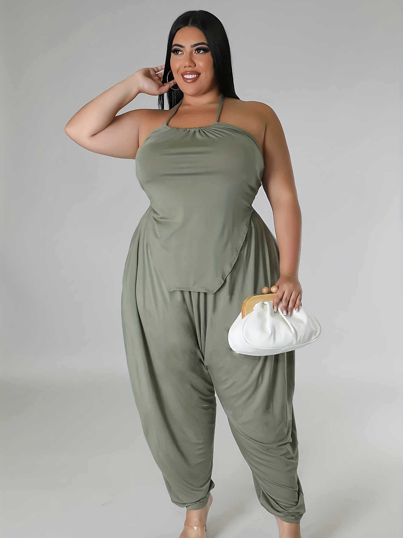 Plus Size Casual Outfits Two Piece Set, Women's Plus Solid Halter Neck Tie  Back Backless Cami Top & Harem Pants Outfits 2 Piece Set