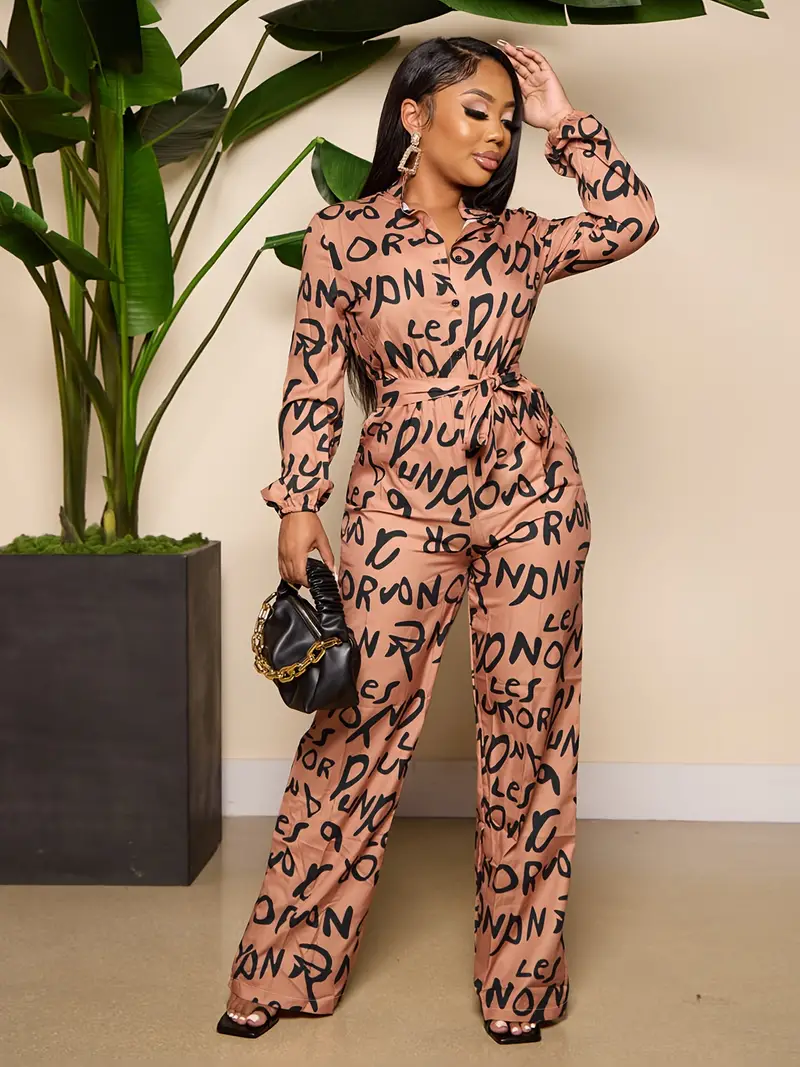 Letter Print Wide Leg Jumpsuit Casual Long Sleeve Belted - Temu
