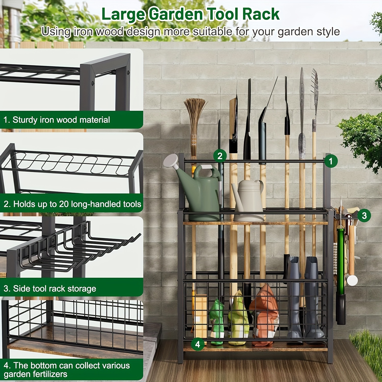 MYTHINGLOGIC Garden Tool Organizer Racks Garage Yard Tool Racks with Wheels  Garage Organizers Storage Hold Garden Tools Cart Yard Tool Holder for