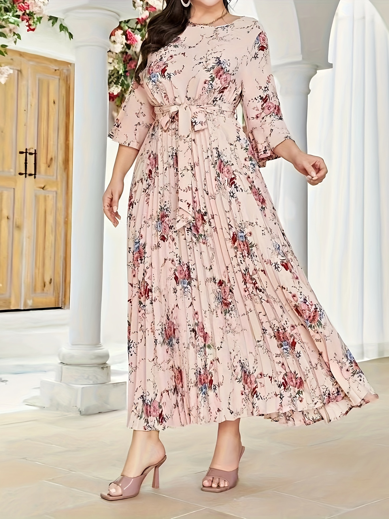 Floral print flared deals sleeve pleated chiffon dress