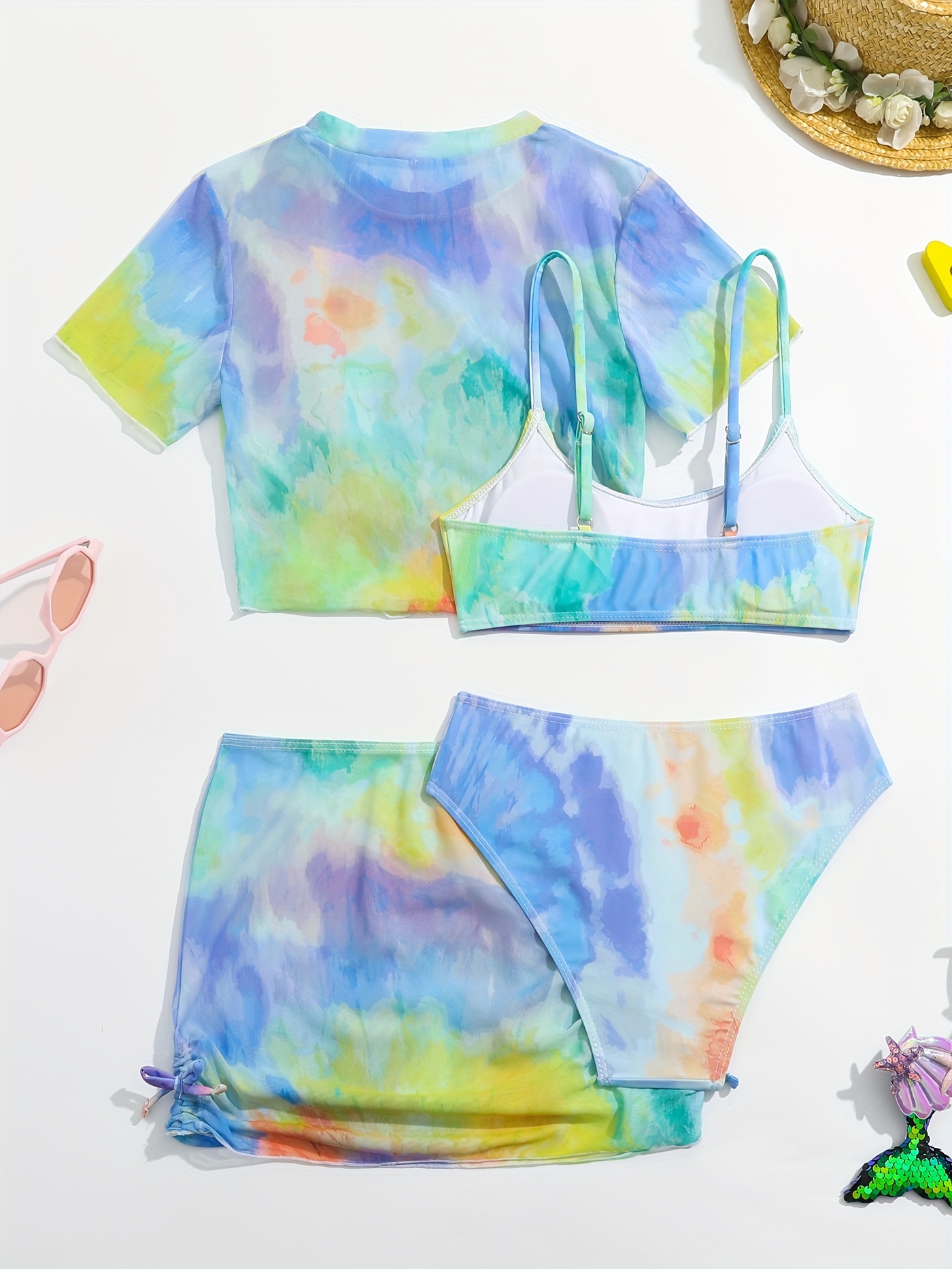 Tie-Dye Short-Sleeve Tankini Swim Set for Girls