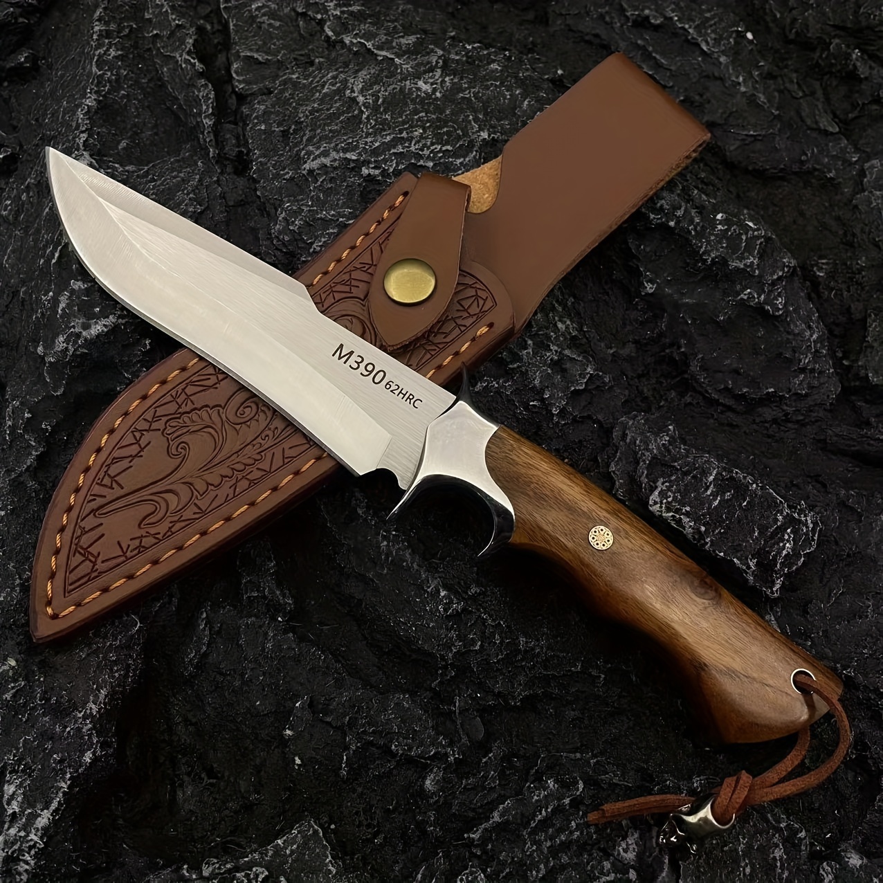  TMBrands High Carbon Steel Knife, Full Tang Bushcraft Knife -  Hunting Knife, Survival Knife, Fixed Blade Knife & Camping Knife with Rose  Wood Handle & Leather Knife Sheath : Sports