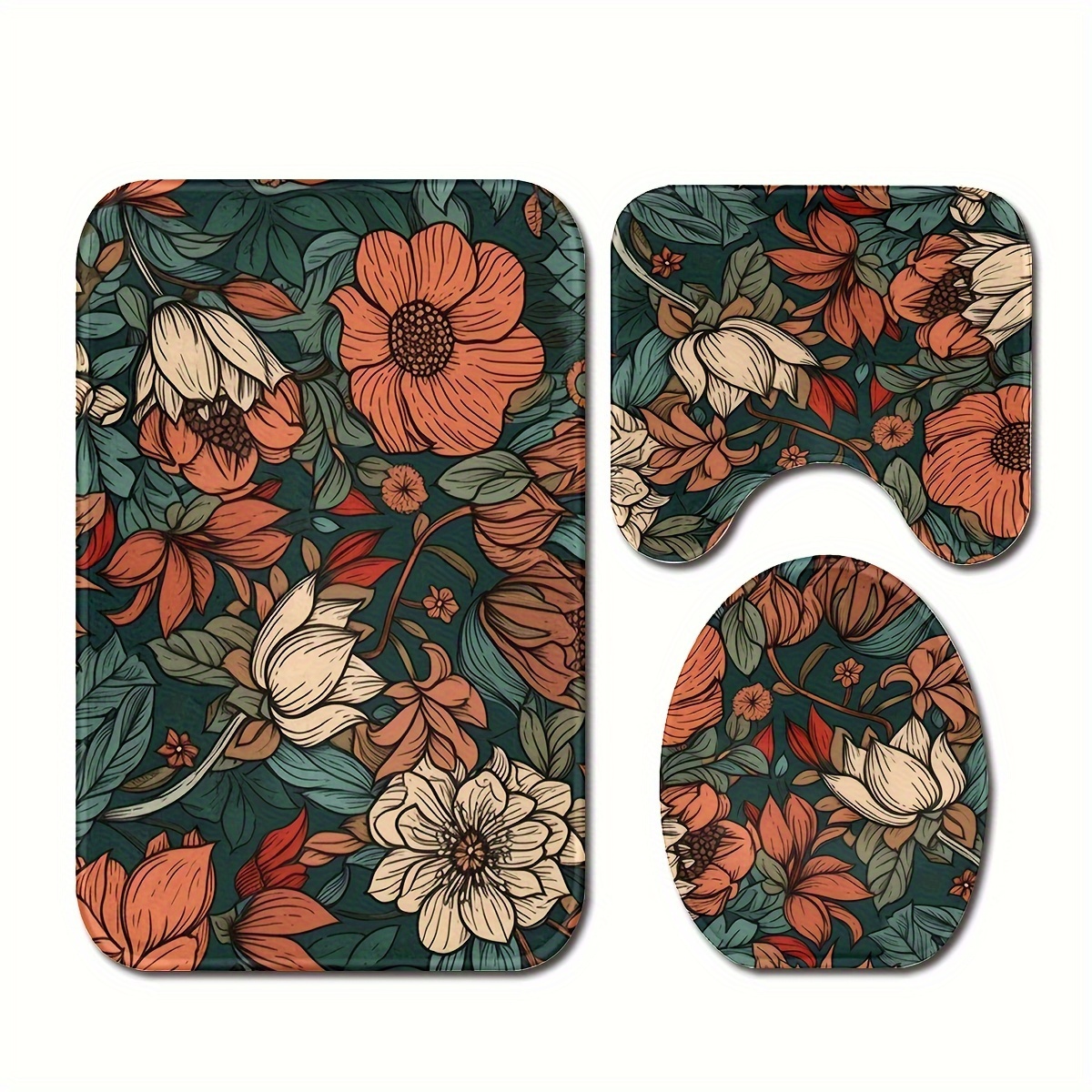 

3pcs/set Flower Painting Printed Floor Mat, Three-piece Bathroom Mat Set, Non-slip Mat, Water-absorbent Mat, Toilet Lid Mat, Toilet U-shaped Mat, Floor Rugs