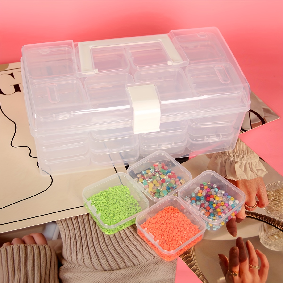 12pcs/set Caja de almacenamiento de plástico transparente, caja  organizadora para joyas, uñas, accesorios para el cabello, cuentas,  hardware y manuali