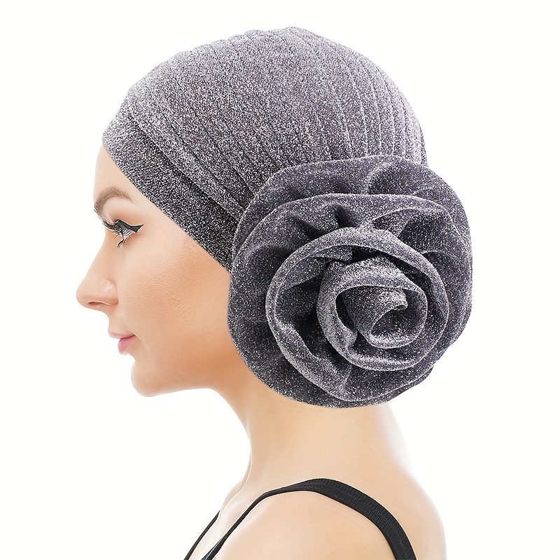Silvery Glitter Flower Turban Cap Ramadan Headwrap Head Scarf Hijab Hats