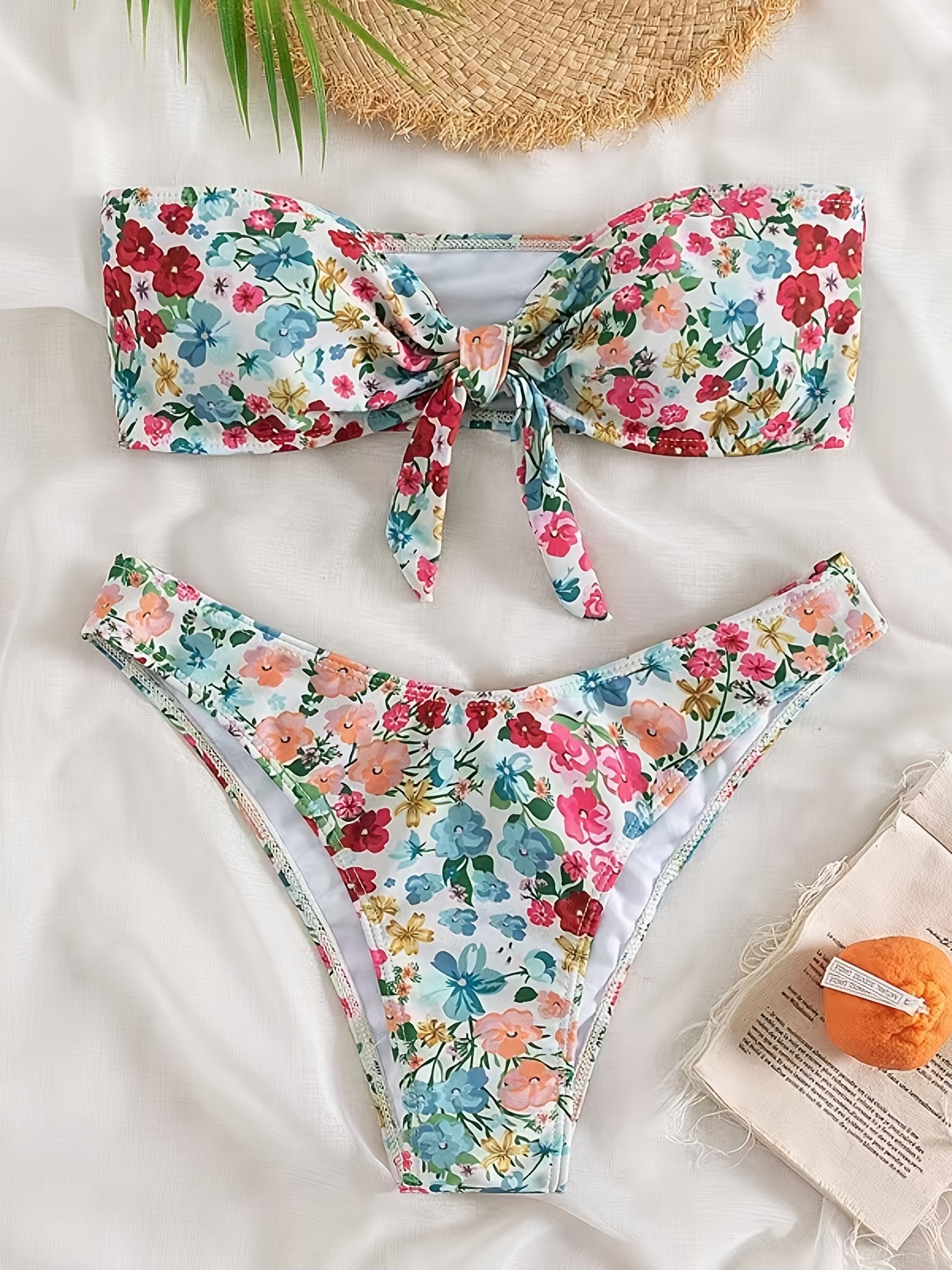 SET] BNWT H&M hnm sweden floral flower botanical summer bandeau strapless  tube scrunch cheeky bikini set bathing suit swimsuit ladies swimwear size  34 - equal to billabong 6 / ripcurl XS, Women's