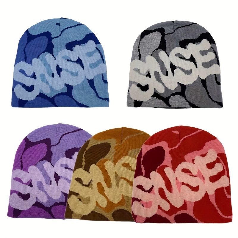 Snse Slogan Jacquard Y2k Beanie Trendy Color Block Knit Hats 