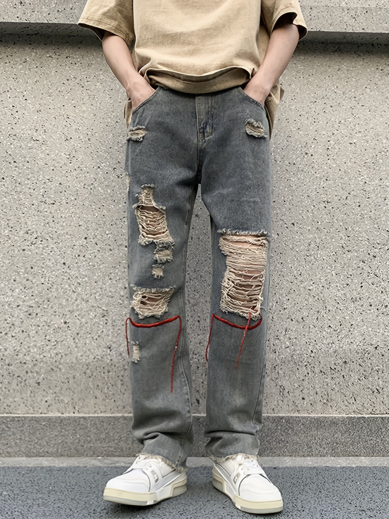 Loose Fit Ripped Baggy Jeans Men's Casual Street Style Wide - Temu Australia