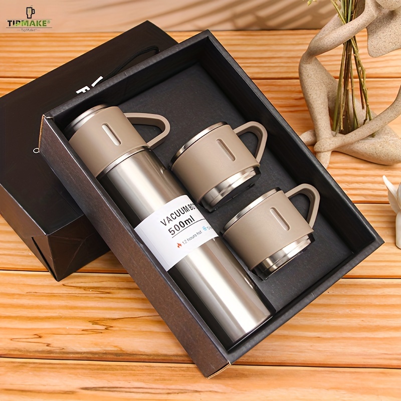 500ml Stainless Steel Coffee Thermo Vacuum Flask Set, Insulated Water Bottle  with Three Cups for Hot
