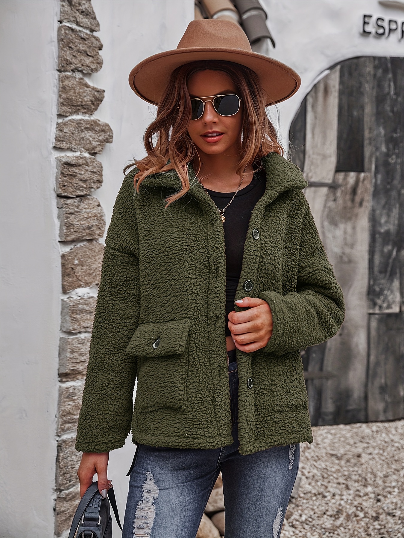 Green button shop front teddy coat