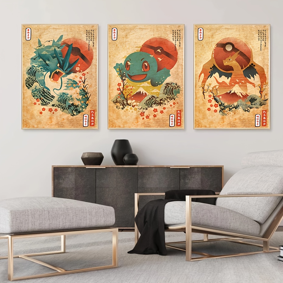 3 Pack Canvas Pokemon Wall Art Home Decoration Vintage Japanese Style  20x30cm 