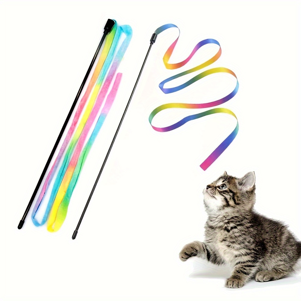 

2pcs Interactive Cat Rainbow Wand Toys, Interactive Cat Teaser Wand String, Ribbon For Kittens