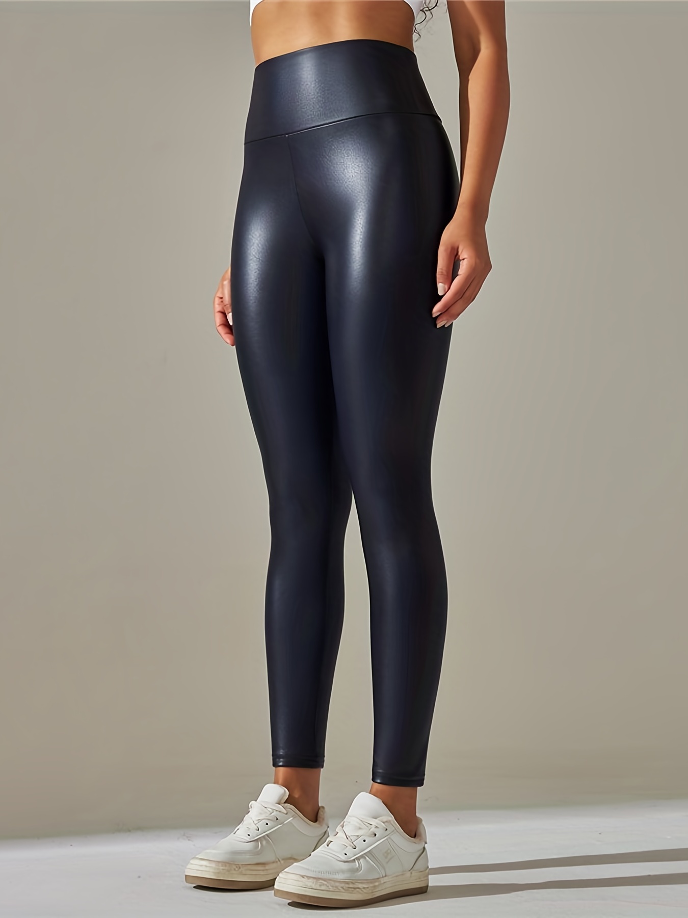 Leggings de mujer negros de imitación de cuero de cintura alta pantalones  leggings