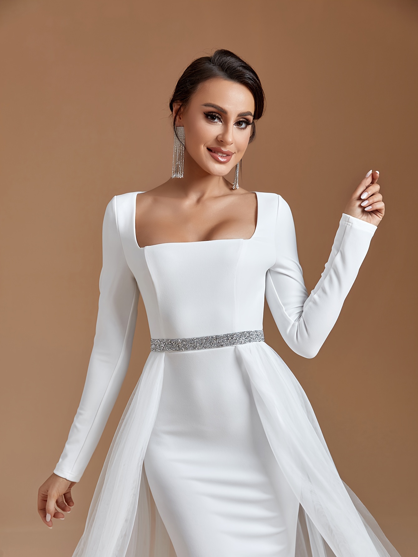 mesh panel backless dress square neck long sleeve fit flare - Temu Morocco