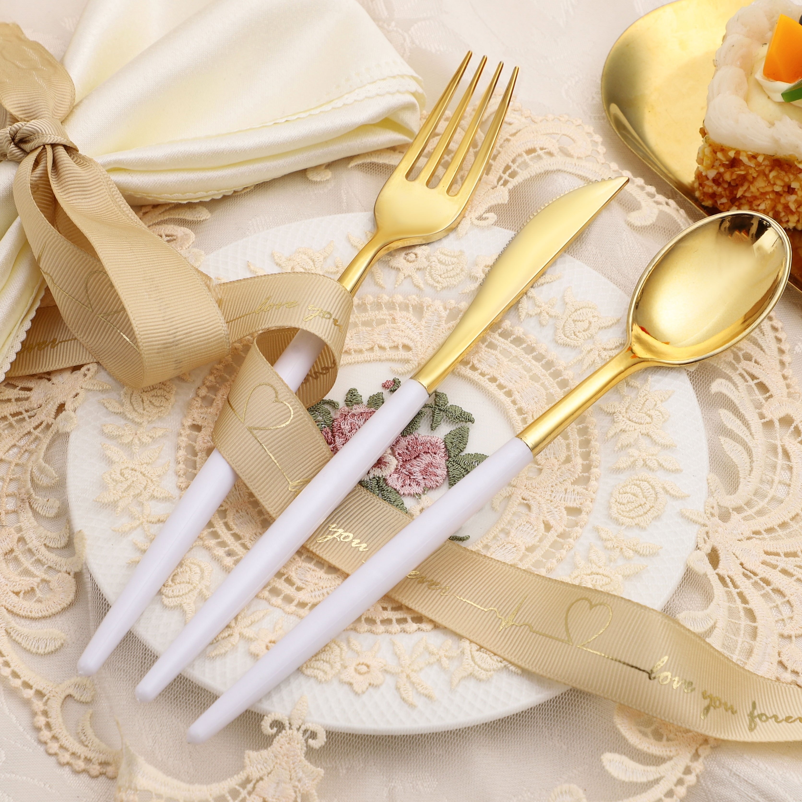 Gold with White Handle Moderno Disposable Plastic Cutlery Set