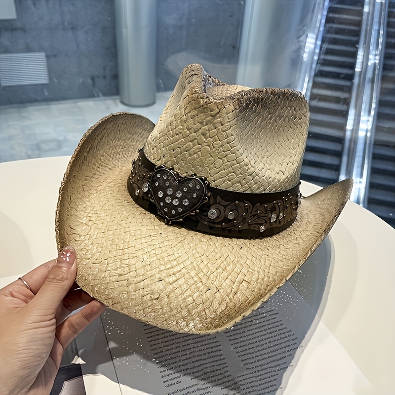 Western Straw Jazz Cowboy Hats Vintage Wide Heart Belt Decor Sun Hat Rolled  Brim Outdoor Cowgirl Hat For Women Men Hiking Fishing