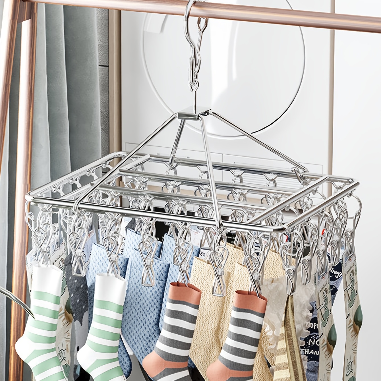 Fayleeko Tendedero de secado de ropa de acero inoxidable con 52 clips,  calcetines plegables, ropa interior, perchas para secar toallas, brasieres