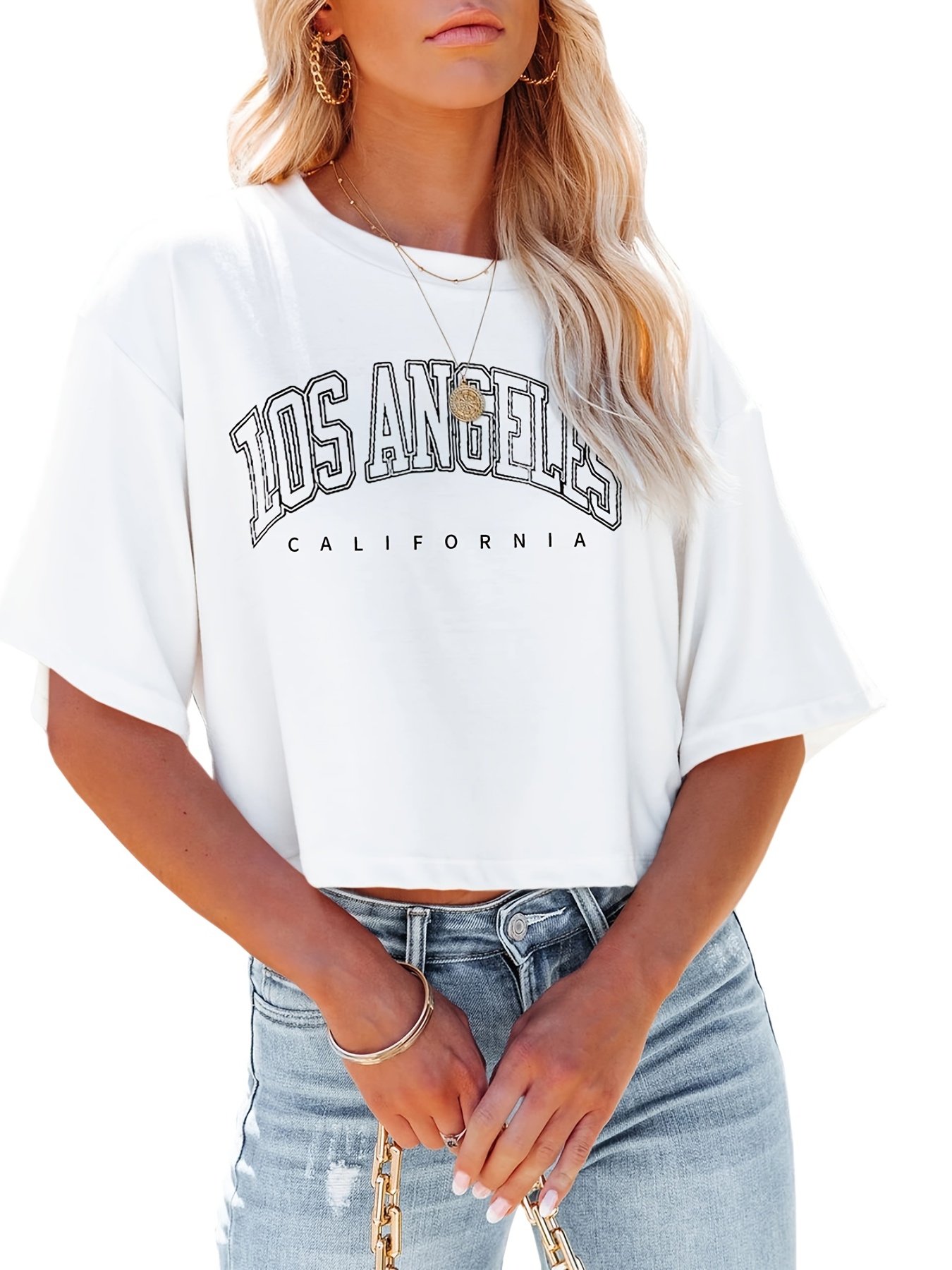 Shein Crop Top Women's Medium LOS ANGELES California Graphic Cut Off T Shirt