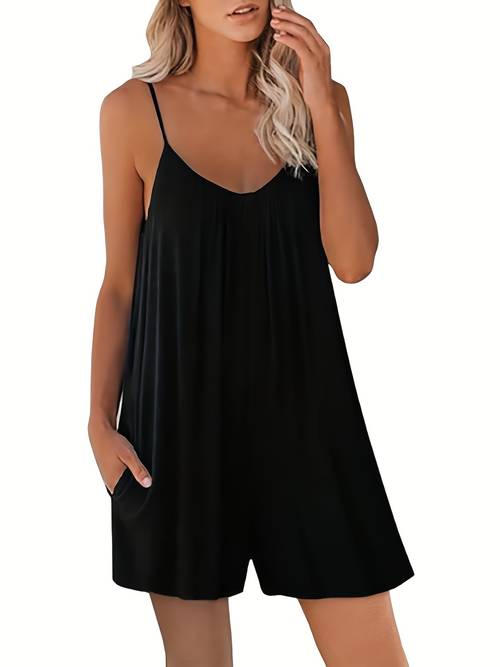 targeted european and american suspender jumpsuit womens spring and summer new solid color pocket jumpsuit cross border womens jumpsuit overalls fashionable casual seaside beach dress thin shoulder strap backless