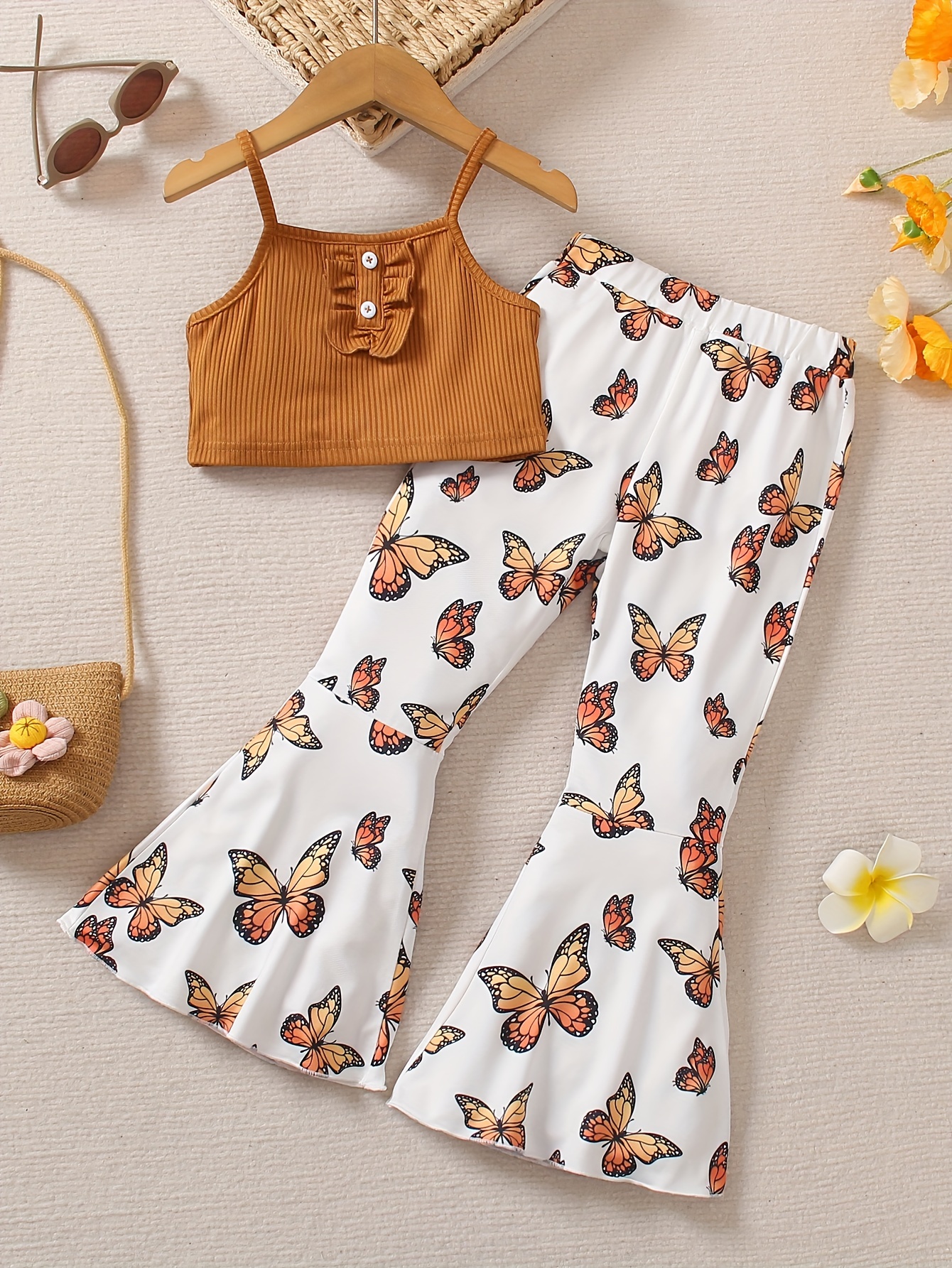 Girls Outfits Butterfly Print Camisole + Graphic Trousers + - Temu Austria