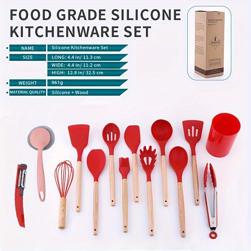 1pc silicone kitchenware set with short wooden handle, non stick