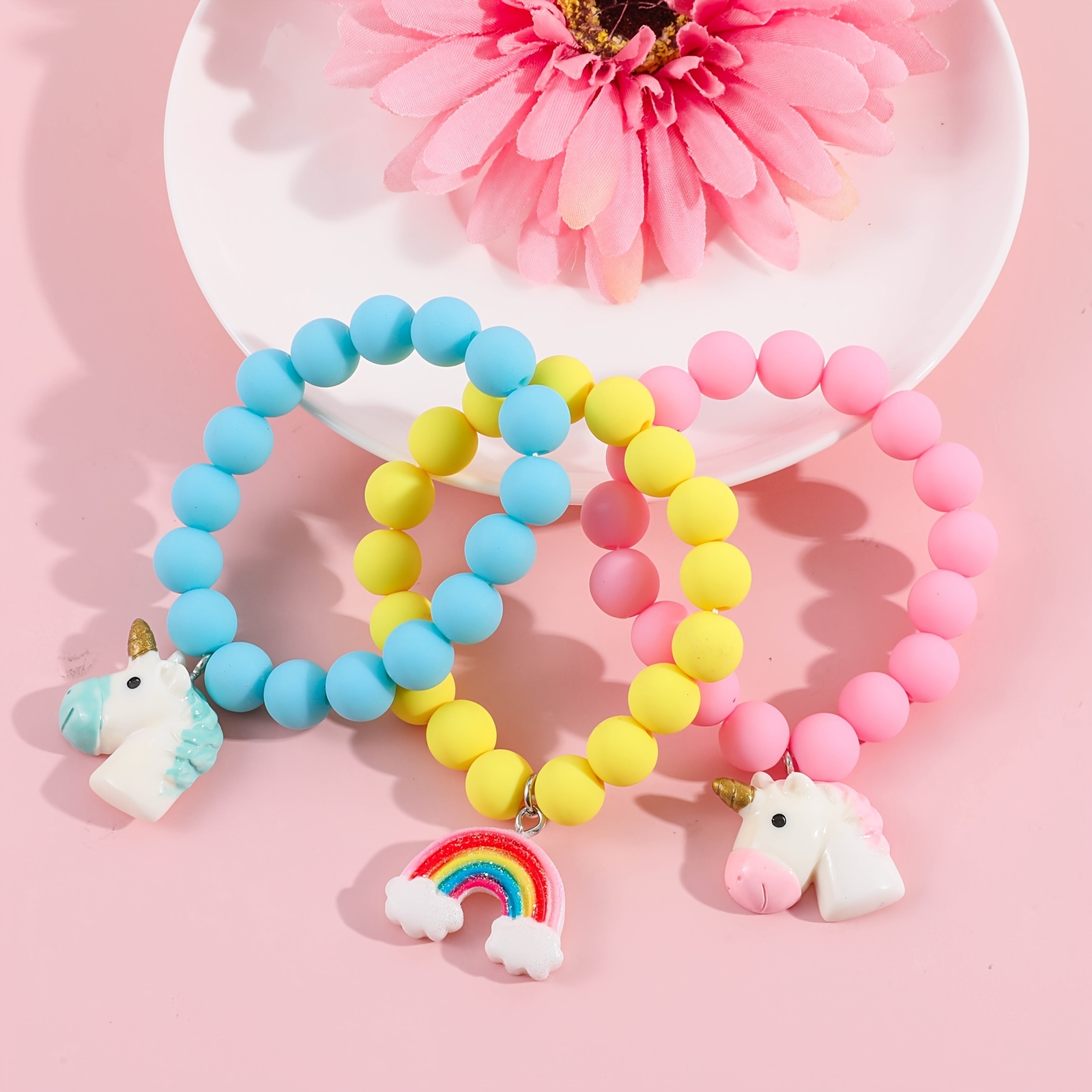 3pcs Girls Cute Cartoon Colorful Beaded Bracelets with Unicorn Rainbow Flower Pendant Decorative Accessories,Gift for Girls,Temu