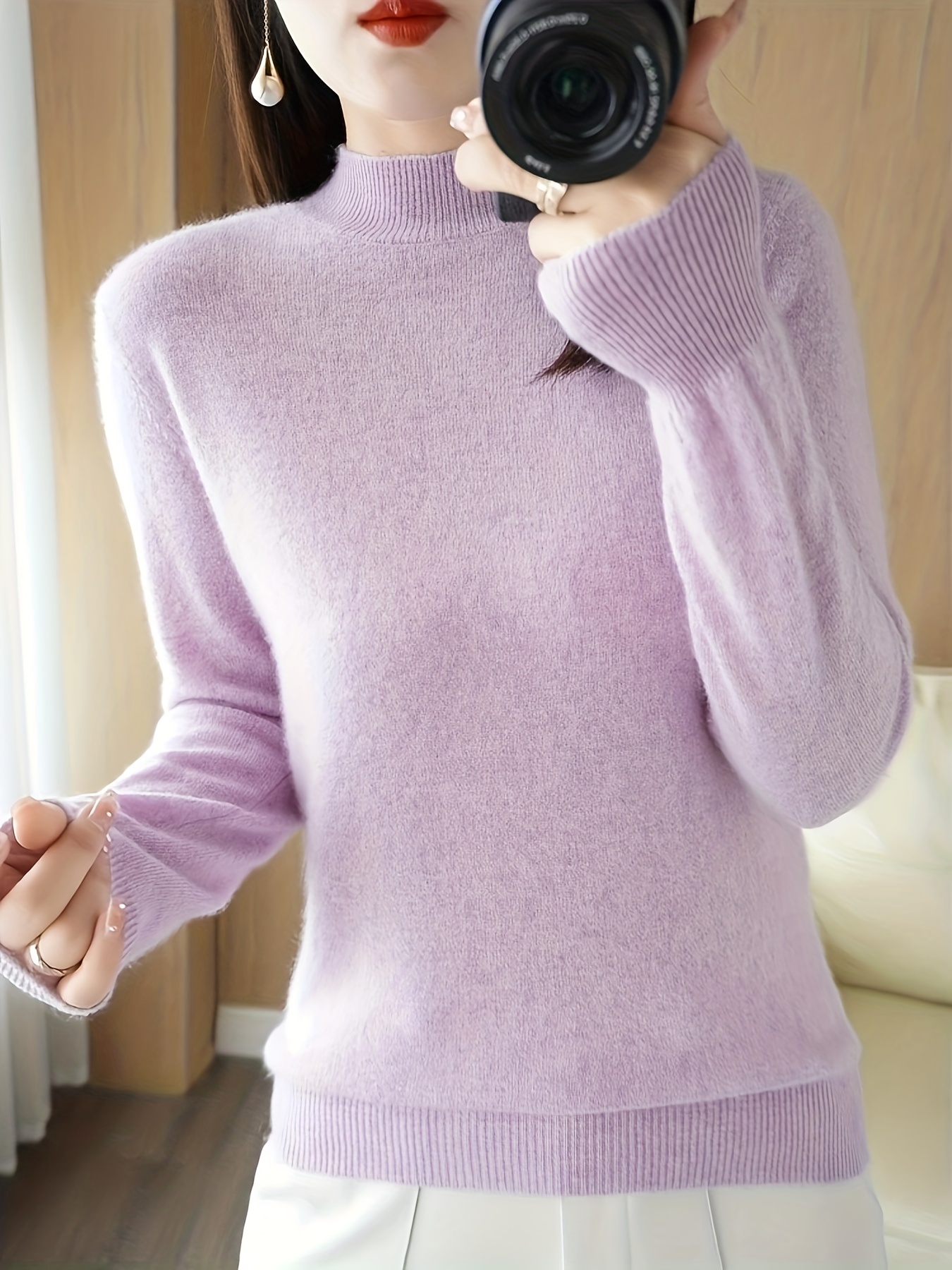 solid mock neck knitted top versatile long sleeve slim sweater womens clothing light purple 2