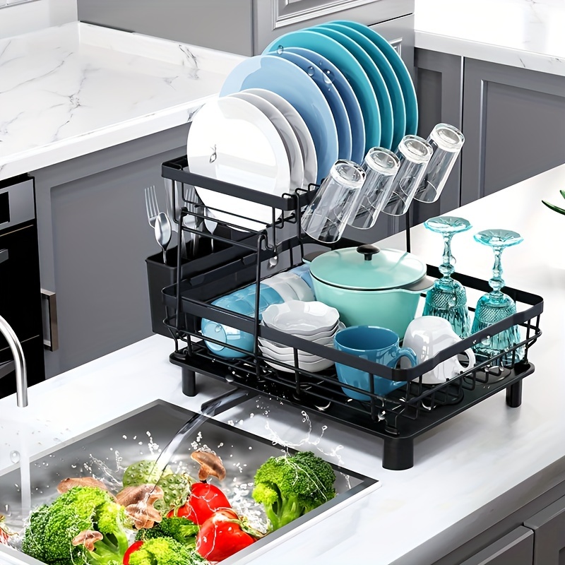 2 Tier Dish Drying Rack Multifunctional Dish Rack for Kitchen Counter,  Stainless Steel Large Capacity Dish Drainer with Drainboard, Utensil  Holder