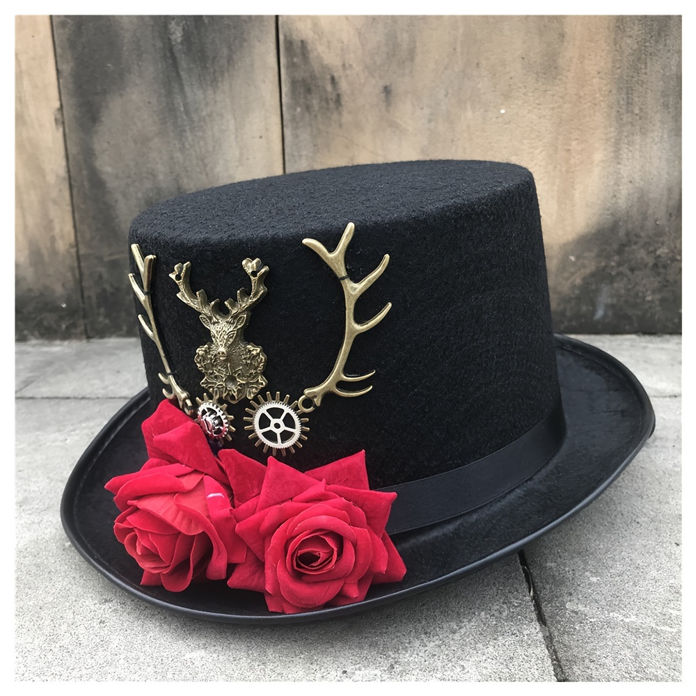 Red Rose Deer Antlers Top Hat Black Vintage Victorian Style Halloween Jazz Hats Steampunk Fedoras Costume Party Accessories For Women Men