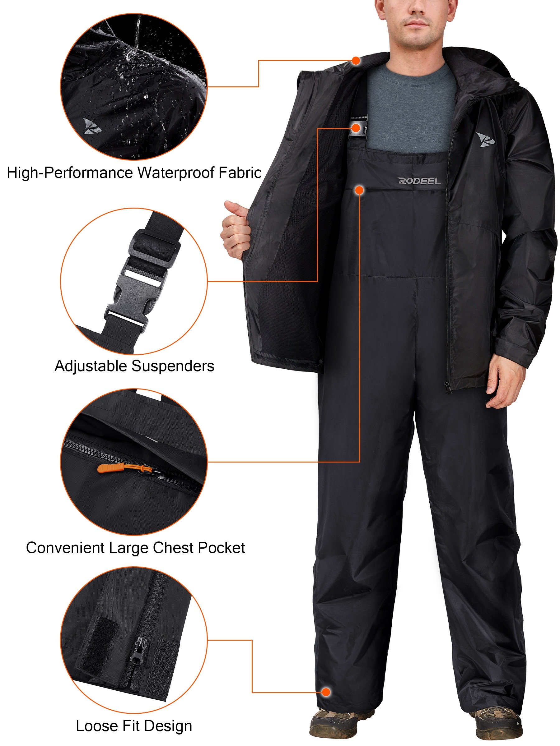 Men's Waterproof Hooded Cargo Jacket And Adjustable Suspenders Breathable  Fishing Rain Pants, Ski Pants For Outdoor Adventure