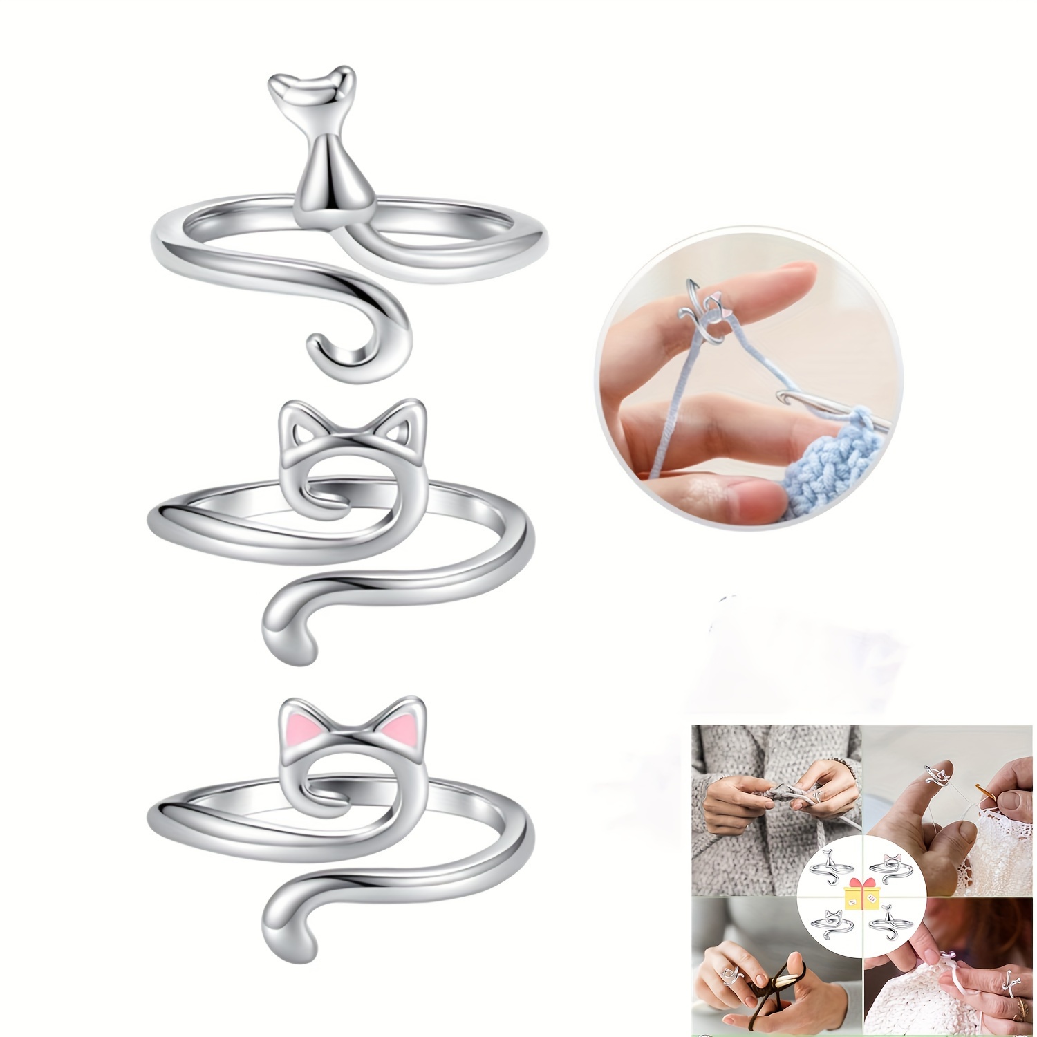 3 Pieces Adjustable Knitting Loop Rings Woven Rings Open Finger Holder  Crochet Knitting Loop Accessories Cute Cat Shape Yarn Guide Holder for Hand  Weaving Hook Line Supplies 
