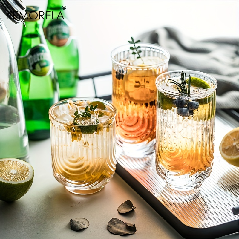 4pcs Ribbed Drinking Glasses, Ribbed Glass Cups, kitchen glassware Vintage  Ribbed Glassware with lids and straws for Water Whiskey Beer Cocktail  Glasses, Iced Coffee Cup, party