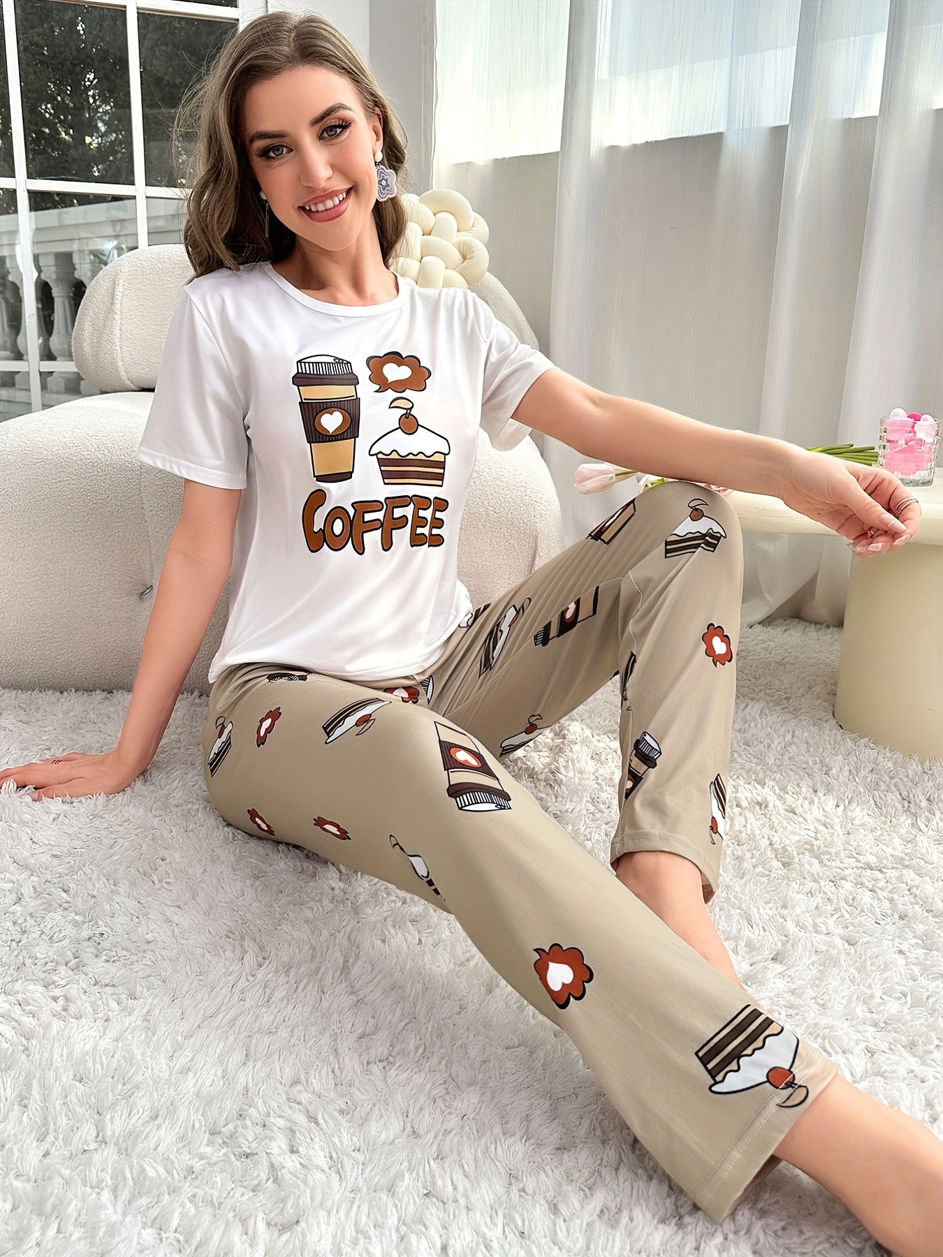 Cartoon Cake & Drink Print Pajama Set, Cute & Comfy Short Sleeve Top & Cozy  Long Pants, Women's Loungewear & Sleepwear